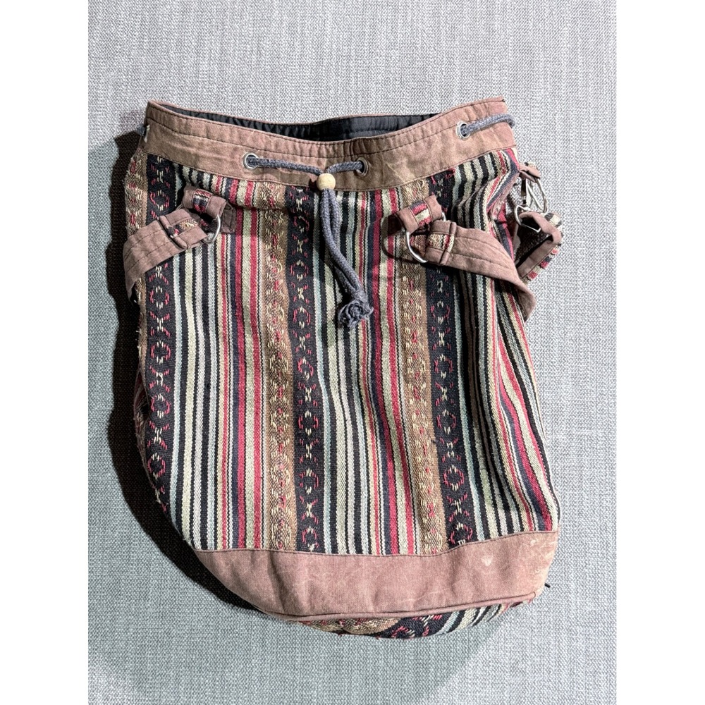 Woven Cotton Boho Striped Drawstring Bucket Bag Nepal Earth Tone Crossbody